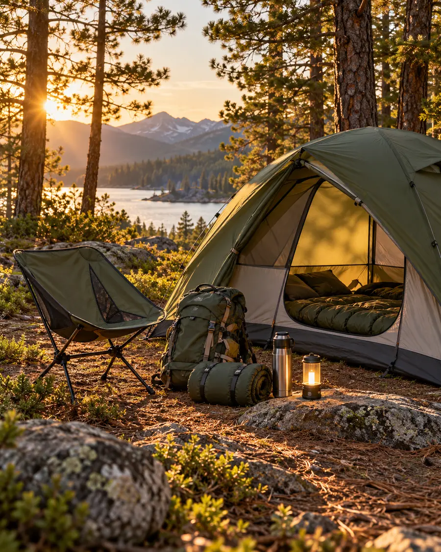 Carpa, mochila y artículos de camping en un bosque