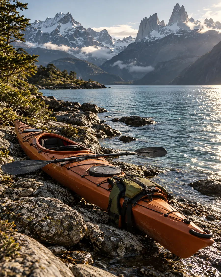 Kayak y remo sobre la costa de un lago de montaña