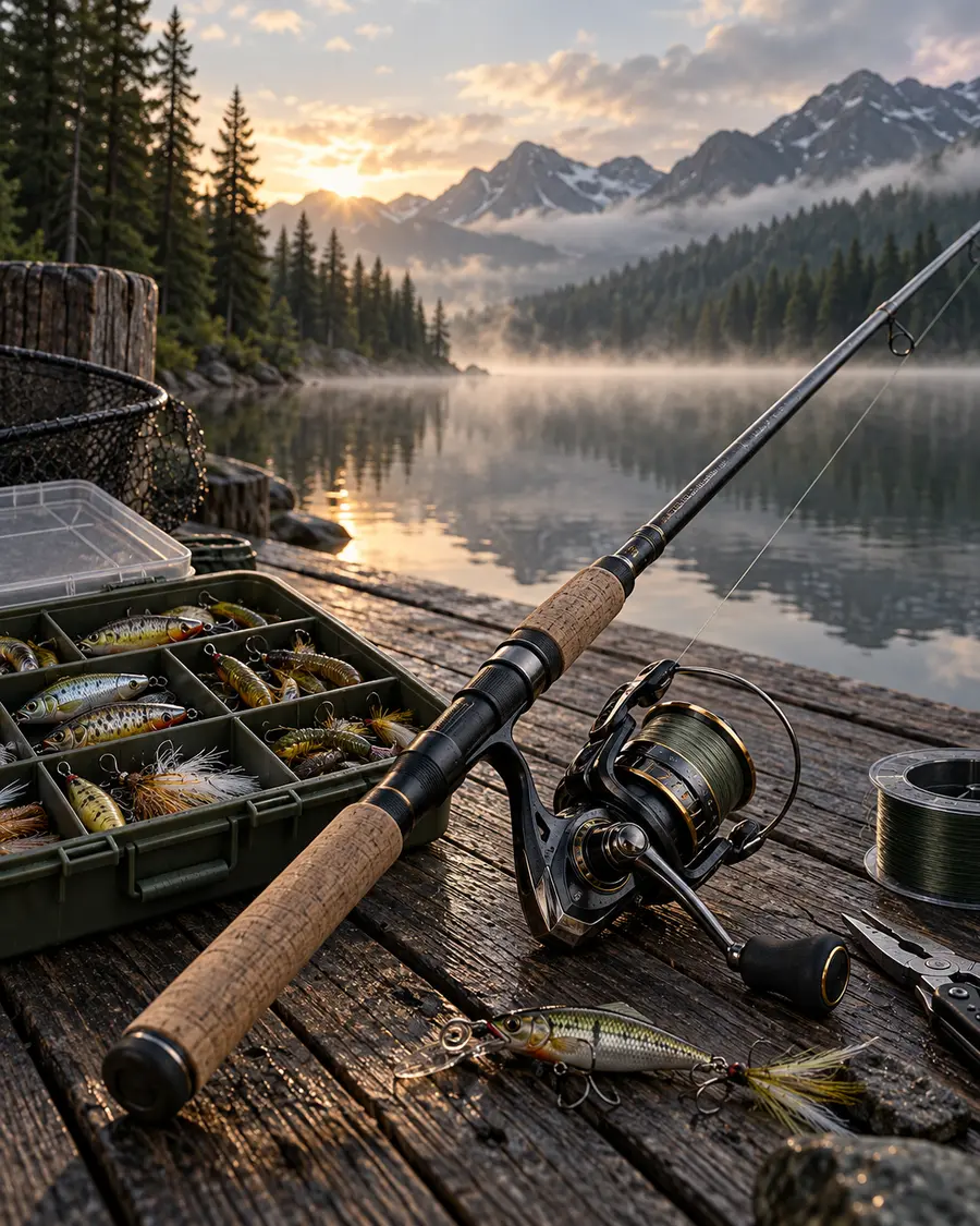 Reel, caña, señuelos y equipo de pesca junto a un lago